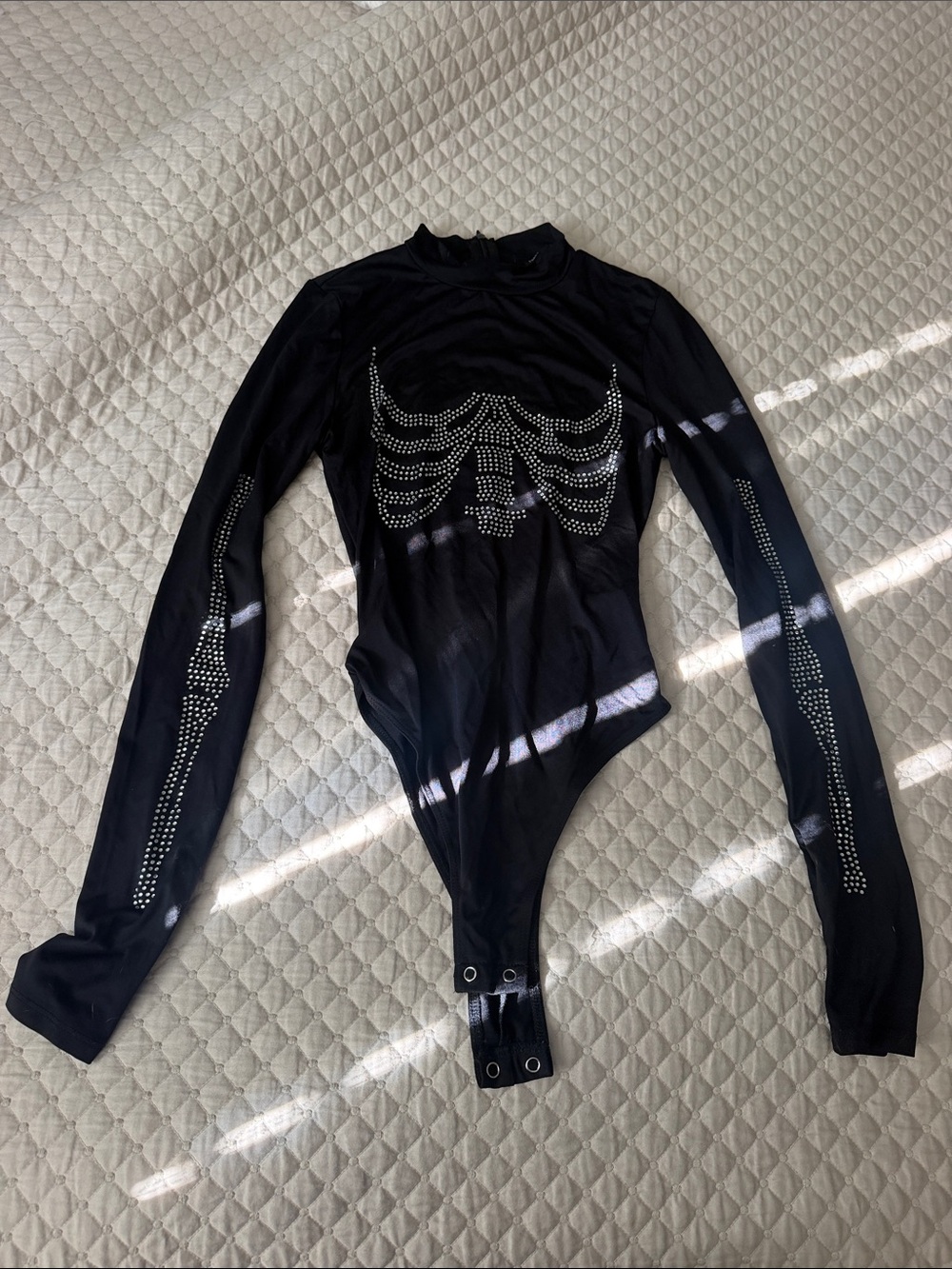 Forever 21 Black Long-Sleeve Rhinestone Skeleton One-Piece Bodysuit